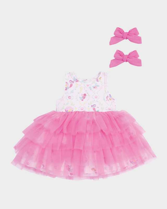 Girl's Mermaids-Print Twirly Sleeveless Tutu Dress with Hair Bows, Size 6M-3